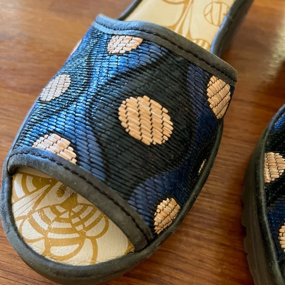 Fly London wedge with ankle strap - blue/black/yellow polka dot - woven - Picture 2 of 4